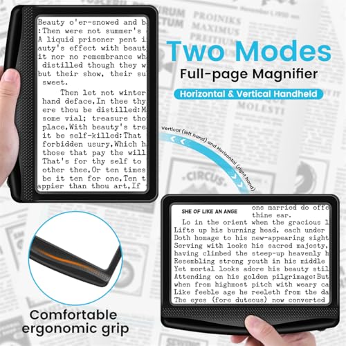 Rechargeable 5X Magnifying Glass for Reading, Large Bright Full Page Magnifier with Light, Handheld LED Dimmable Lighted, Lightweight Book Magnifier for Reading Small Prints Seniors Low Vision - color: Black