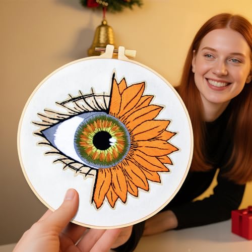 Crafmanoe Sunflower Eyes Embroidery Kits for Beginners Adults, Hand Embroidery Starters Kits, Stamped Cross Stitch Kits Needlepoint Kits for Beginners Adult, Embroidery Hoop, Thread and Video Tutorial - color: H2086, size: 8Inch