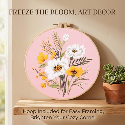 Harimau Adult Beginner Embroidery Starter Kit, Complete Set with 4 Patterns, 2 Hoops, Needles, Scissors, Instruction Guide & Stitching Video Tutorials - color: Floral2 pattern
