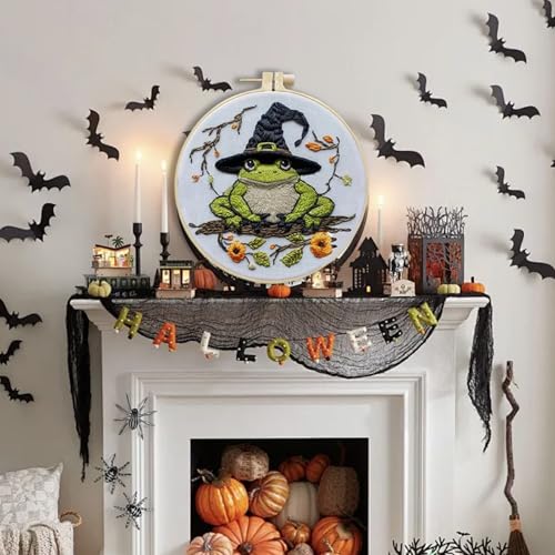 Floral Witch Hat Embroidery Kit Halloween Cross Stitch Material Set with Bat Skull Flower Pumpkin Patterns, DIY Hand Needlepoint Embroidery Craft Kit for Beginners Professional (Witchy Frog) - color: Witchy Frog