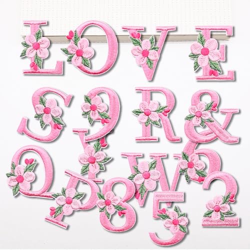 37Pcs Iron on Letters and Numbers Patches, Pink Flower Alphabet Embroidered Patch A-Z, Numbers 0-9 Applique for Clothes Hats Bags Jackets Jeans DIY Decoration - color: Pink letters and numbers, size: 37pcs