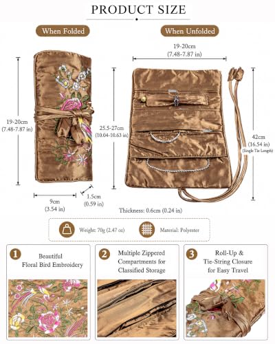 TUMBEELLUWA Embroidery Travel Jewelry Bag Roll Embroidered Flower and Bird Brocade Organizer with Tie Close - color: Brown
