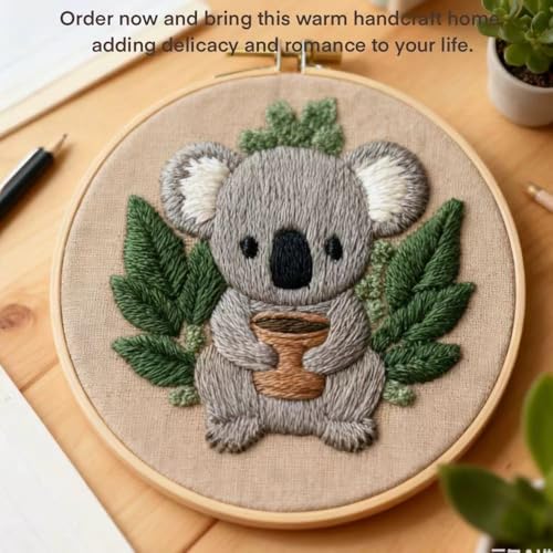 HCANPER Cute Koala Embroidery Starter Kit,DIY Needle Punch Kit, Punch Needle Kits for Beginners,Include Pre-Printed Fabric,Tools,Embroidery Hoop,Threads. (Cute) - color: Cute