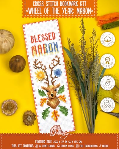 Povitrulya Cross Stitch Bookmark Kit “Mabon“ – Counted DIY Embroidery Set for Adults & Beginners, Autumn Equinox Pagan Wiccan Alban Elfed Harvest Festival Needlework Gift - color: Mabon