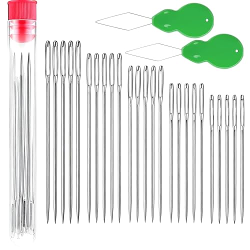 25 Pack Large Eye Needles for Hand Sewing & Embroidery – Big Eye Sewing Needles Assorted Sizes with 2 Needle Threaders, Sharp Steel Big Eye Embroidery Needles for Quilting and Crafts