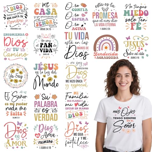 Spanish Bible Verse Iron on Transfers - 20Pcs Falueqg Dtf Transfers Ready to Press, Coloful Inspirational Saying Iron on Decal Patches, Cristianos Españoles Heat Stickers for DIY Tshirts Clothes - color: Spanish Bible Verse963