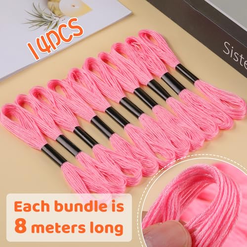 14 Skeins Pink Cotton Embroidery Floss, Friendship Bracelet String - color: Pink