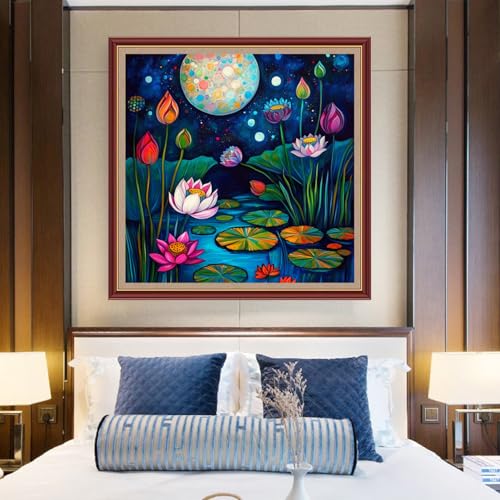 Funchey Counted Cross Stitch Kits for Adults Needlepoint Kits Unprinted Cross Stitching Embroidery Kit 11CT Cross Stitch Supplies&Moonlight Over the Lotus Pond 18x18 inch - color: DIYCrafts05
