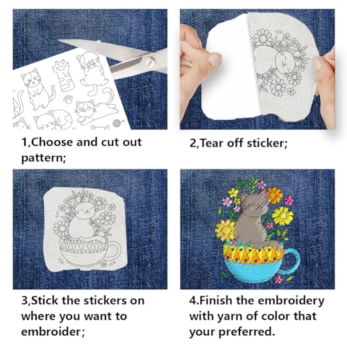 BENECREAT 4Pcs 43Pcs Cats and Dog Water Soluble Stabilizer, A4 Flower with Animal Embroidery Pattern Transfers for Hand Sewing Embroidery Stick and Stitch - color: Cats and Cute Dog