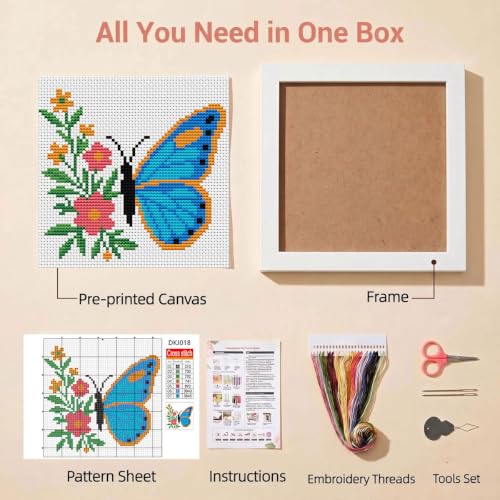 Butterfly Stamped Cross Stitch Kits for Beginners Adults with Framed - color: DKJ018