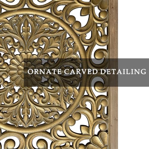 XIAOAIKA Boho Carved Wood Wall Art Panel, Floral Mandala, Distressed Gold - color: Gold