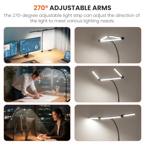 LED Desk Lamp for Office Home, 3 Light Bar Adjustable Desk Light with Clamp - color: Black
