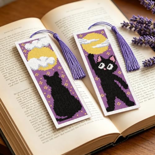 ACRNIGHEET 6PCS Cross Stitch Bookmark Kit for Beginner Stamped Cross Stitch Kits for Adults Cute Cat & Moon DIY Tassel Embroidery Bookmark Kits Needlepoint Kit with Instructions Gift 8.5''x3'' 11CT - style: Moon Cat with Tassel