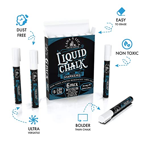 LANA & LUCA White Liquid Chalk Marker Pens - 6mm and 3mm, 3 of each - size: 6 Count (Pack of 1)