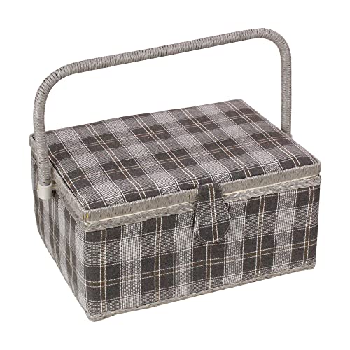 Sewing Basket with Floral Print Design - Sewing Kit Storage Box with Removable Tray, Built-in Pin Cushion and Interior Pocket - by Adolfo Design (Medium - 11" x 7" x 5.5", Dark Gray Plaid) - color: Dark Gray Plaid, size: Medium - 11" x 7" x 5.5"