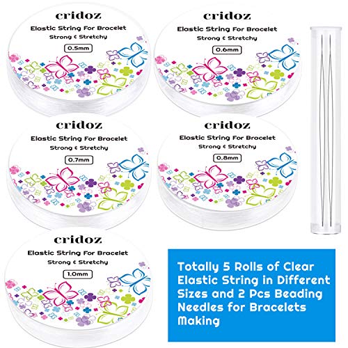 Stretchy String for Bracelets, Cridoz 5 Rolls Clear Elastic String Stretch Cord Jewelry Bead Bracelet String with 2 Pcs Beading Needles for Seed Beads, Pony Beads
