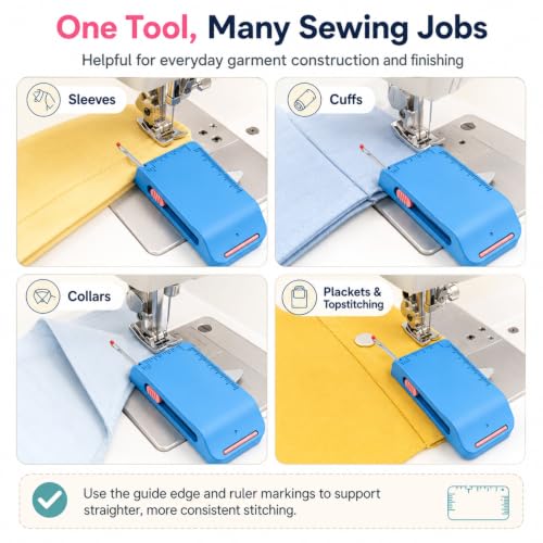 Magnetic Sewing Machine Sleeve Tool, 4-in-1 Edge Guide with Built-in Seam Ripper & Ruler Scale for Cuffs Plackets Topstitching, Multi-Functional Tool for Beginners (Blue+Pink)