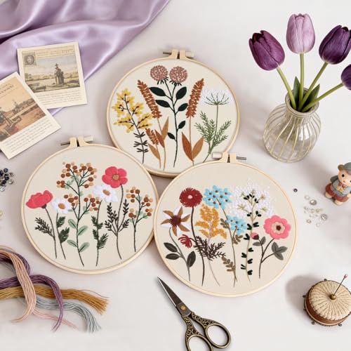 3 Sets Embroidery Kit, Cross Stitch Kits for Beginners, Needlepoint Kits for Adults with Floral Patterns, Hoop, Needles, Threads and Tools, Colorful Threads, Easy to Learn Step-by-Step Guide & Video - color: Embroidery Kit-B