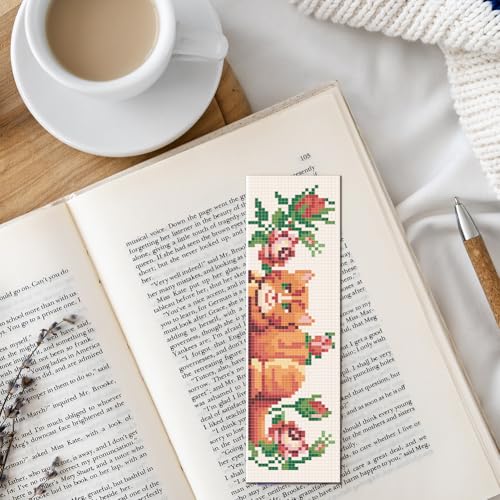 FREEBLOSS 6 Set Cat Cross Stitch Bookmark Kits Rose Pattern Stamped Cross Stitch Kit DIY Embroidery Kit Bookmark Craft Kit with Instructions for Beginners 6x20cm - style: Cats&Flowers