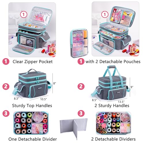 Double-Layer Sewing Organizer Bag with 2 Detachable Pouches and Dividers - color: Grey, size: L-13.5"