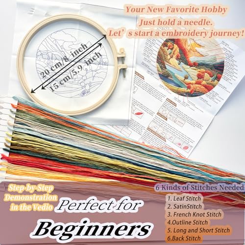 FONNUY Embroidery Kit for Beginners, Brightly Colored Landscape Lake Pre-Stamped Pattern Kits for Adults with Hoop, Easy to Follow Color Thread Needlework, 8'' Hoop (Lightblue) - color: Lightblue