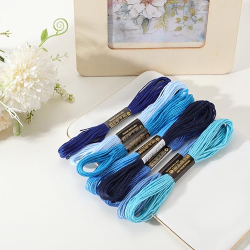 8 Skeins 6 Strands Blue Embroidery Floss Thread Polyester Variegated Gradient Cross Stitch Threads Friendship Bracelets String Bulk for Jewelry Making Hand Sewing Knitting Stitching Crafts - color: Blue