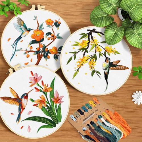 ERKOON 3 Sets Embroidery Kit, Hummingbird Cross Stitch Set for Include Embroidery Cloth Hoops Threads for Craft Lover Hand Stitch (Hummingbird) - color: Hummingbird