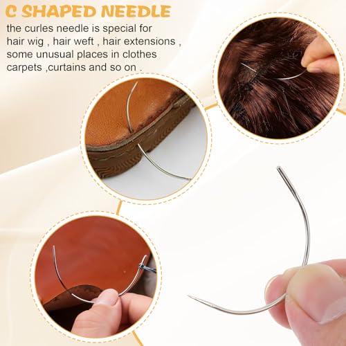 Hair Needle and Thread Set 12 Pcs Sewing Hair Extension Tools Curved Needle Brown Weaving Threads for Making Wig, Sew in Needles and Thread(Brown)