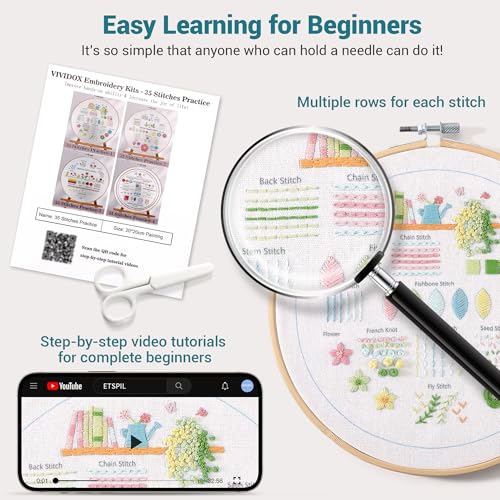 VIVIDOX 4 Sets Embroidery Kit for Beginners Adults, 35 Stitches Practice Kits Cross Stitch for Starter, DIY Hand Craft with Stamped Pattern, Bamboo Hoop, Threads, Needles, Scissors, Tools, Instruction - color: 35 Stitches Practice Kit (with 1 Hoop)