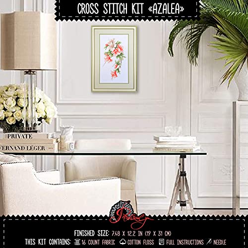 Povitrulya Azalea Embroidery Kit - DIY Flower Counted Cross Stitch Set with Pre-Sorted Floss, Paper Pattern and Banked 16 Count Aida Cloth - color: Azalea