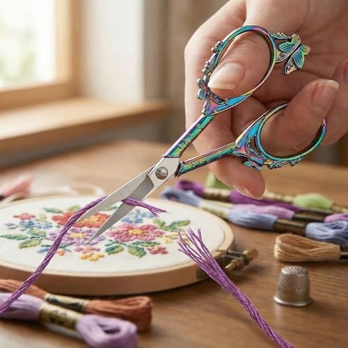 Crochet Scissors with Cover – Rainbow Vintage Small Embroidery Scissors, Sharp Butterfly Craft Scissors for Yarn Thread Sewing Needlework, Pretty Gift for Crocheter Quilter, 4.6 Inch - color: Multicolor