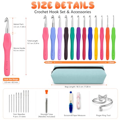 Crochet Hooks 12 Sizes Crochet Hook Set, 50 Pack Yarn Crochet Kit for Beginners, Knitting Needles with Ergonomic Handles for Arthritic Hands, Crochet Needle Kit with Blue Case for Crocheters