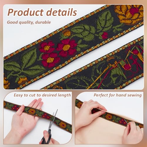 FINGERINSPIRE 5.5 Yards Ethnic Style Embroidery Flower Ribbon 1-1/4 Inch Wide Black Floral Jacquard Vintage Woven Trim for DIY Crafts Sewing Clothing - color: Black
