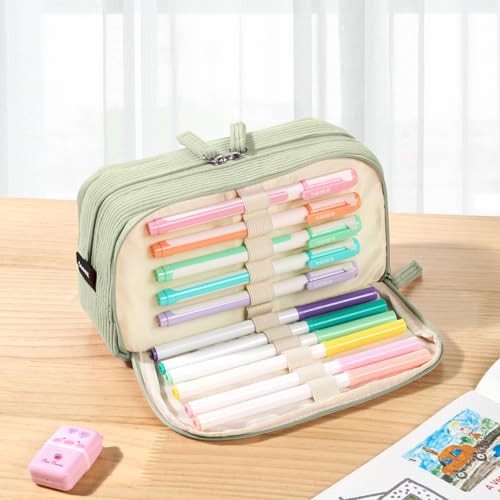 Sooez Big Capacity Pencil Case Pen Pouch, Soft Corduroy Pencil Bag - color: Green