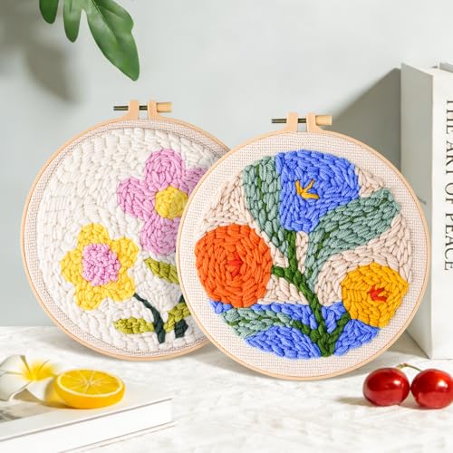Fvbber Punch Needle Kits Adults Beginner, 2 Pcs DIY Easy Flower Embroidery Set with Patterns, Tools, Yarns, Hoop, Instruction for Home Decor, Craft Gift (Flower 1