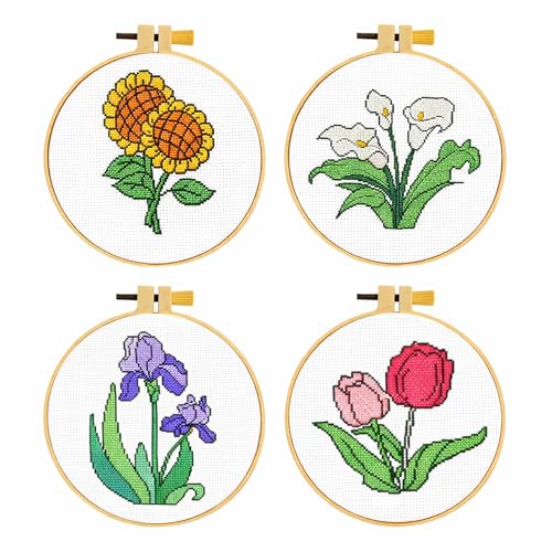 Zhenqing 4 Pack Flower Stamped Cross Stitch Kit for Beginners - color: Floral-4 Piece-1