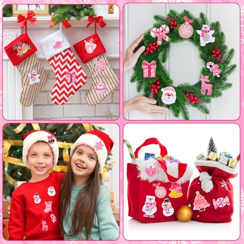 AUGSUN 36pcs Pink Christmas Iron on Patches Xmas Embroidered Sew Applique - style: Pink Christmas