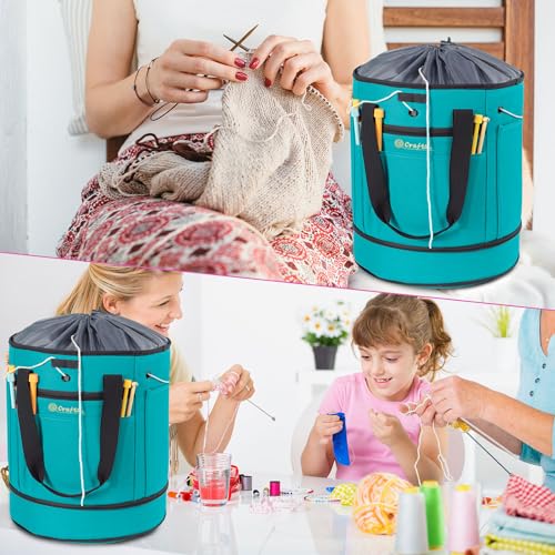 MYBAGZING Expandable Crochet Organizer - Yarn & Crochet Tote with Drawstring Closure - Ideal Gift - color: Teal-Ⅰ, size: Large-Drawstring Closure