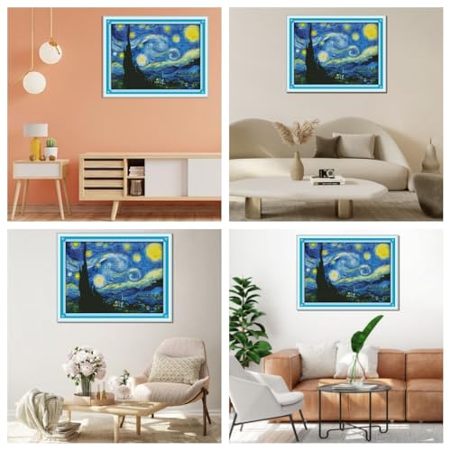 IUHUI 14 Count Stamped Cross Stitch Kits for Beginners Adults, The Starry Night of Van Gogh Pre-Printed DIY 14ct Embroidery Sewing Starter Kit Needlework Easy Patterns Famous Paintings - color: Starry Night