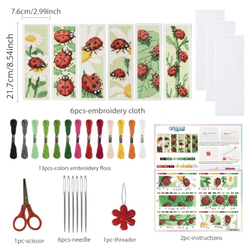ORIGACH 6 Set Ladybug Cross Stitch Bookmark Kit for Beginner - style: Ladybug