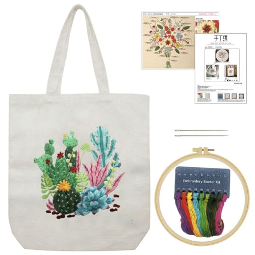 KABAKE Canvas Tote Bag Embroidery Kit for Beginners, Arts and DIY Crafts Starter Kit, Includes Stamped Bag, Threads, Tools (Beige With Cactus) - color: Beige Bag with Cactus