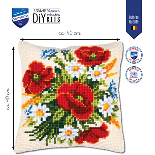 Vervaco Flowers Cross Stitch Cushion, Multi-Colour - size: 40 x 40 cm