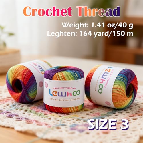 Crochet Thread Size 3, 3 Pack 100% Cotton Lace Yarn Set Rainbow - color: Rainbow