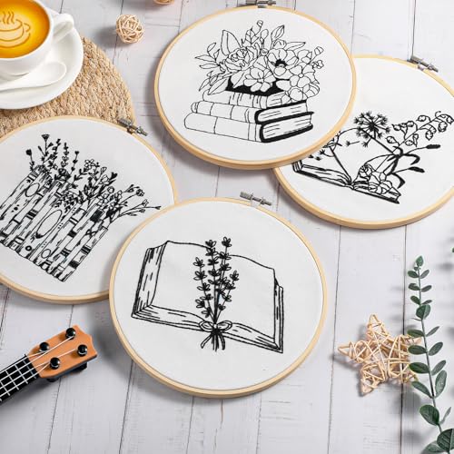 Unittype 4 Set 8'' Book Flower Embroidery Kits for Beginner Adult, Stylish - style: Stylish
