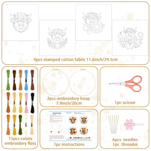 BEUNITONE 4pcs Embroidery Kit, Highland Cow & Sunflowers Stamped Embroidery Kits with Hoop, Thread & Needles, Colorful Cross Stitch Kits Sewing Gifts for Adults and Beginners, DIY Craft for Relaxation - style: A-Highland Cattle