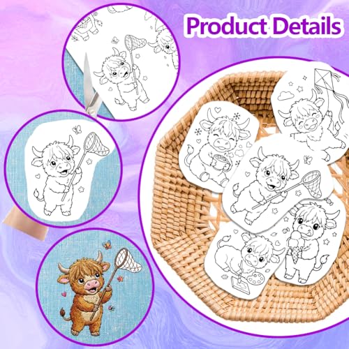 ORIGACH 4 Sheets A4 Highland Cow Water Soluble Embroidery Patterns, Stick and Stitch Paper for Animal-Themed DIY Sewing, Beginners Hand Sewing Stabilizers - color: Highland Cow