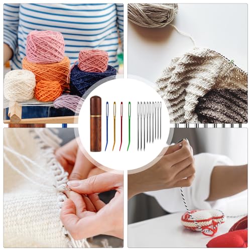 13pcs Large Eye Sewing Needles Kit, Stainless Steel Large-Eye Blunt Needles & Bent Tapestry Needles Sharp Hand Knitting Needles with Wooden Needle Case for Crochet/Darning/Yarn/Embroidery Projects