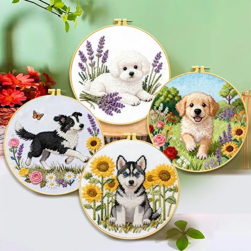 FEIYUENO 4 Pack Pet Pattern Stamped Embroidery Kit for Adults Beginner, Dog - color: Dog