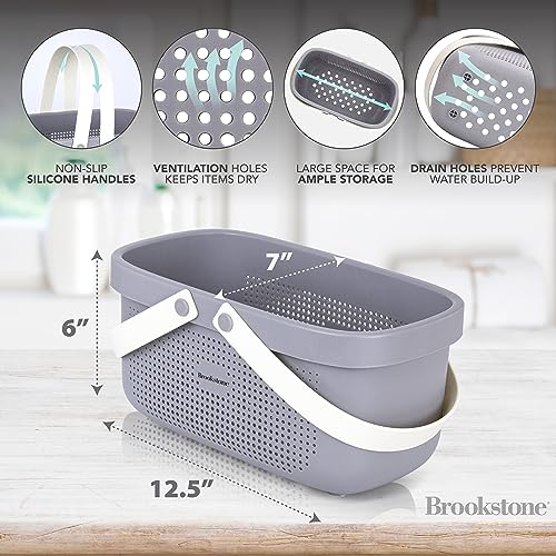 Brookstone Modern Large Portable Shower Caddy with Soft Silicone Carrying Handle, Bathroom Organizer Basket, Plastic Bath Tote and Shower Organizer, Quick Dry Drainage Holes, BPA Free, Grey - color: Gray / Charcoal