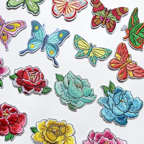 39Pcs Embroidered Iron On Patches, Butterfly Peony Daisy Iron on Patches Set, Colorful Applique Patches for Clothes Jackets Jeans Backpacks - color: Butterfly Peony Daisy